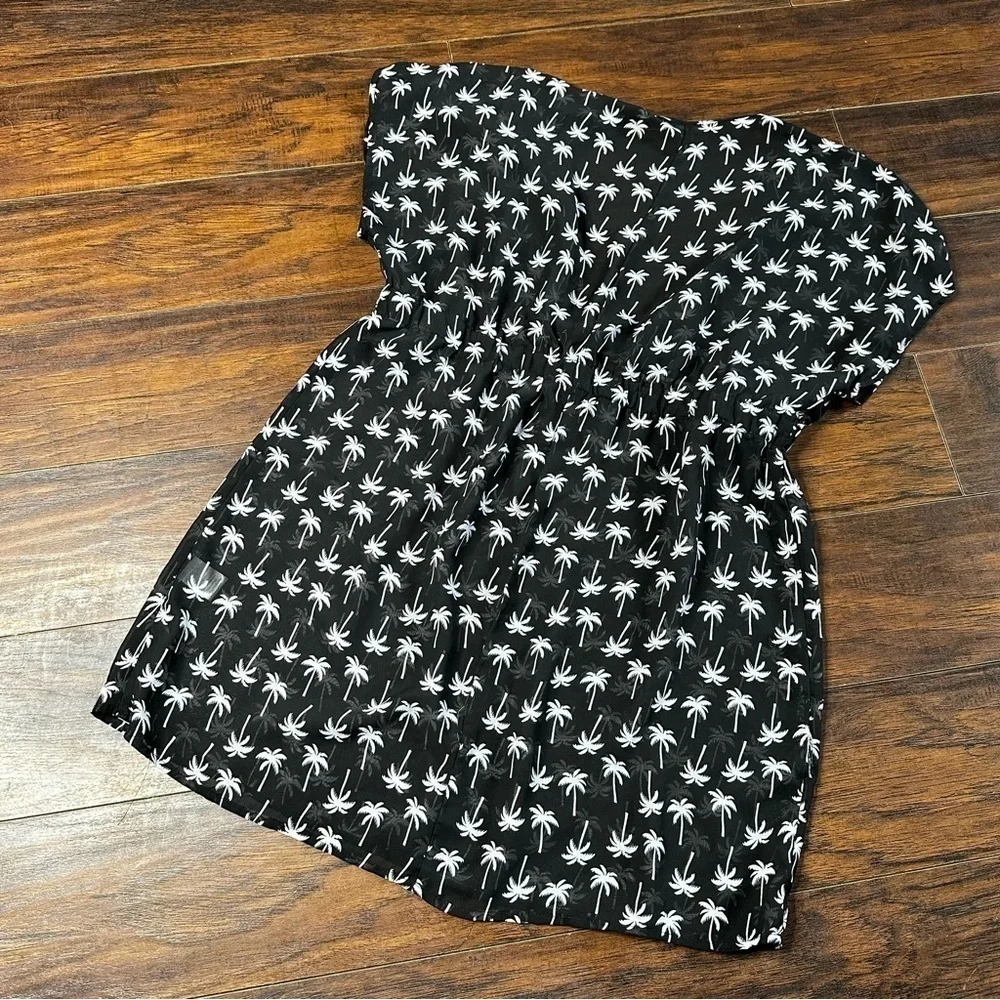 Miken Swim Black Palm Print Cinched Tie Ruffle Surplice Swim Cover Up Dress